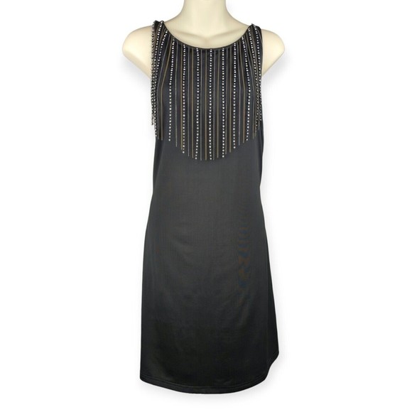 Boston Proper Black Flapper Dress 20s Black SOFT Beaded Chains Stretch Evening M
